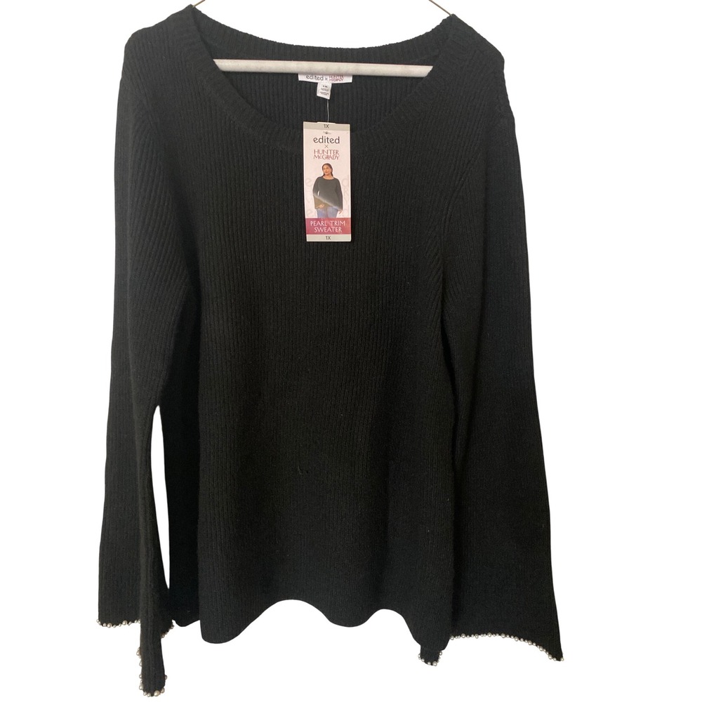 Edited x Hunter McGrady Black Pearl Trim Ribbed Bell Sleeve Sweater 1X NEW
